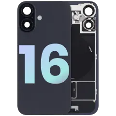 Back Glass With Steel Plate With Wireless NFC Charging MagSafe Magnet & Flashlight Flex Compatible For iPhone 16 (Service Pack) (Black) 