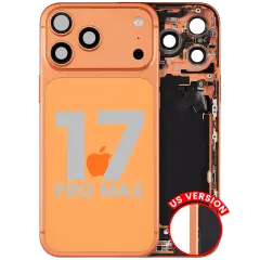Back Housing W/ Charging Port Flex & Small Parts For iPhone 17 Pro Max (US Version) (Used OEM Pull: Grade B) (Cosmic Orange)