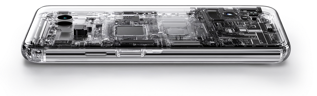 Smartphone with transparent back showing internal components