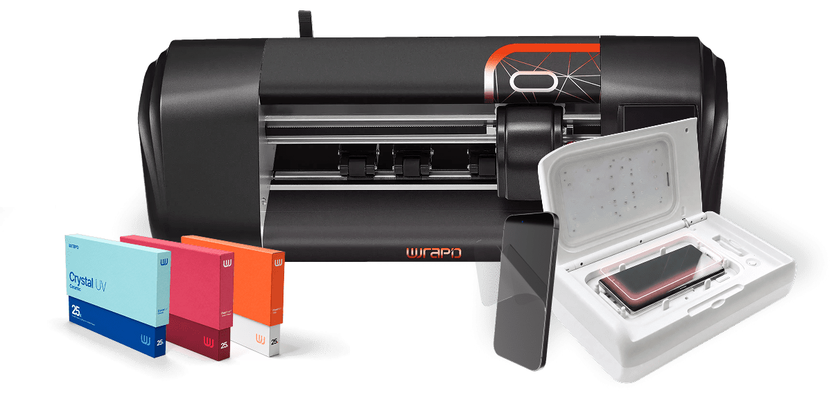 Wrapd film cutting machine, UV curing box and Crystal UV screen protector film packs